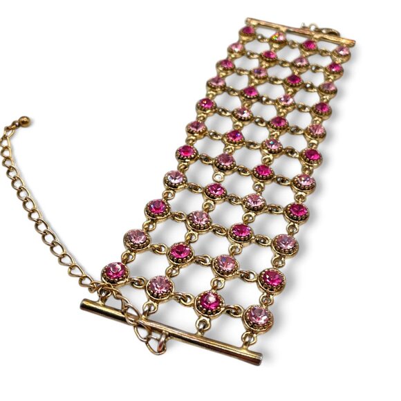Vintage Pink & Fusia Rhinestone Bracelet Big Chunky Thick Antiqued Gold Tone - Picture 4 of 10